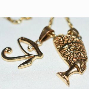 Intriguing Eye Of Horus/Profile Of Nefertiti Pendant 24"  Gold Tone Necklace